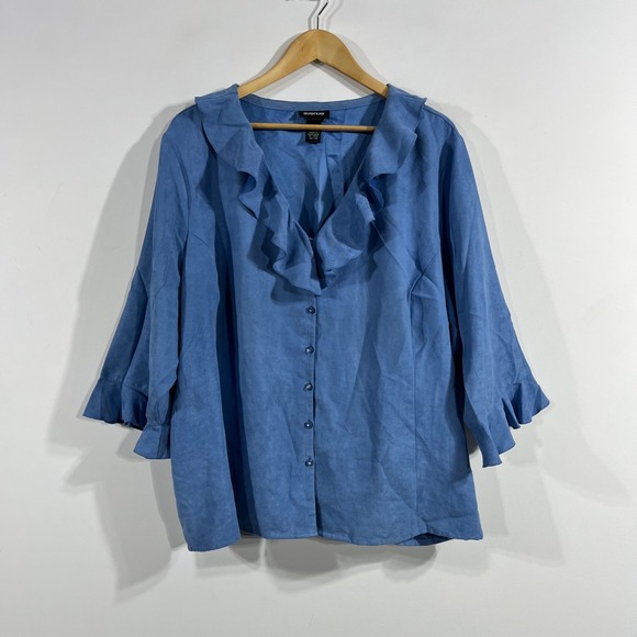 Avenue Tops - Avenue VTG Y2K Edwardian Fairy Grunge 90s Faux Suede Ruffle Top Blue Women 30 32